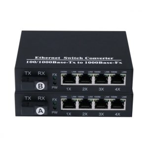 Kit media convertoare fibra optica wdm Gigabit SC 20 km cu 4 porturi RJ45